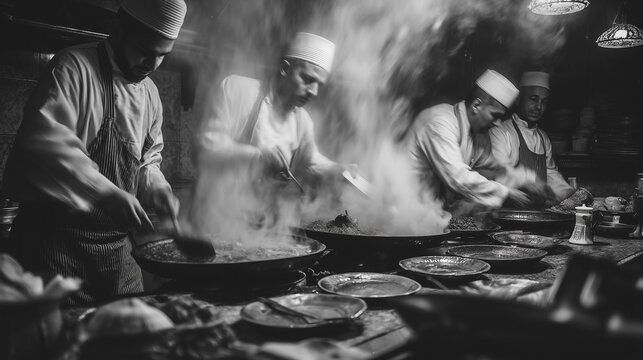 Turkish chefs cooking in a busy kitchen, black-and-white action shot with steam and motion blur