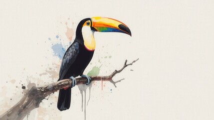 Naklejka premium A vibrant watercolor painting of a Toco Toucan perched on a branch, featuring its striking black plumage and large, colorful beak. Ideal for tropical, nature, and art themes.