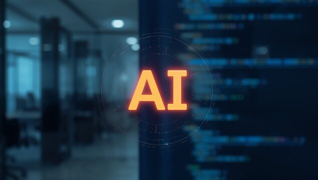 Glowing AI logo emerges from futuristic data stream surrounded by blurred office background symbolizing innovation and technology advancement