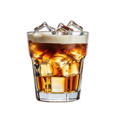 Refreshing iced cola beverage with frothy head and amber liquid in a clear glass filled with ice cubes isolated on a black background studio shot