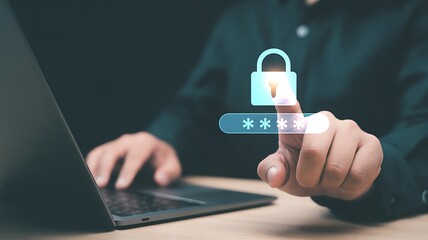 Close up of a person s finger touching a glowing padlock icon above a password input field on a digital interface representing online security and data protection