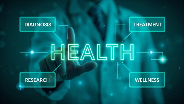 Professional touching futuristic interface for health, diagnosis, treatment, research, and wellness, symbolizing modern healthcare innovation and medical advancement.