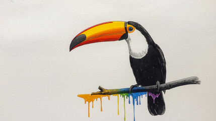Naklejka premium A vibrant watercolor painting of a Toco Toucan perched on a branch, featuring its striking black plumage and large, colorful beak. Ideal for tropical, nature, and art themes.