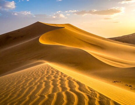Large sand dune illuminated by sunset glow, with textured surface - Powered by Adobe