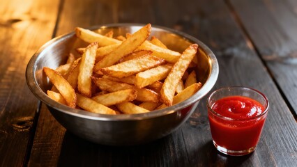 A bowl of golden french fries served with ketchup on a wooden table