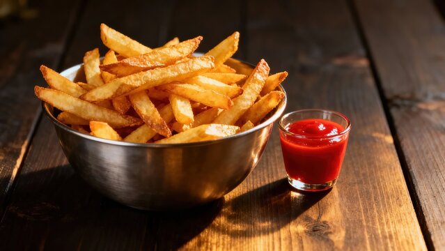 A bowl of golden french fries served with ketchup on a wooden table - Powered by Adobe