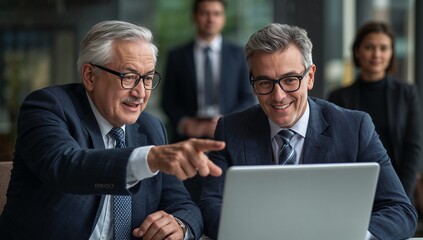 Experienced businessmen collaborating enthusiastically on laptop, discussing strategy in modern office with colleagues observing.