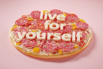 A bold message formed from pepperoni letters sits atop a bright cheese pizza on a warm pastel background