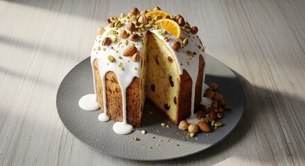 Panettone with icing drizzle and nuts, artistic food styling, overhead shot.