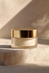 A soft golden glow highlights a refined cream jar set against warm minimalist textures