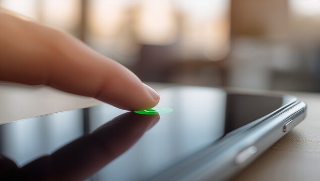 Close up of a finger pressing a green icon on a smartphone screen, symbolizing digital interaction and mobile technology