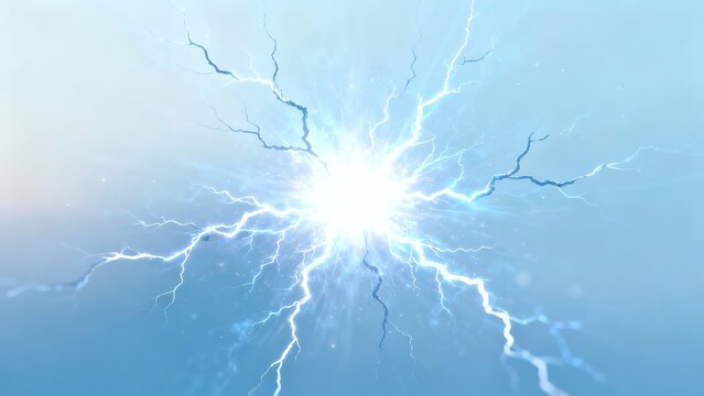 Bright lightning bolt radiating from a central point against a blue sky background