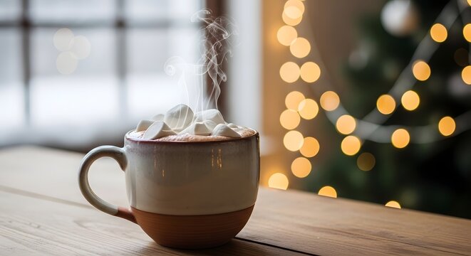 Hot chocolate with marshmallows in a ceramic mug, steam rising, cozy winter background with soft lights.