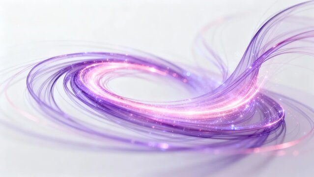 Abstract swirling purple and pink light trails forming a dynamic spiral pattern on a soft white background