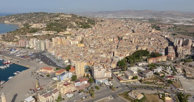 Aerial view of the historic center of Licata, located in the province of Agrigento, Sicily, Italy. It is a small town overlooking the Mediterranean Sea.