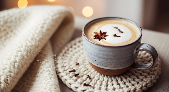 Chai tea latte with star anise and cloves, cozy winter aesthetic with wool textures.