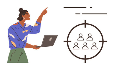 Woman pointing upward while holding laptop, group of people inside target circle. Ideal for marketing, business strategy, audience targeting, leadership, communication, goal setting teamwork. Simple