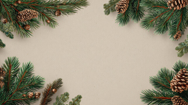Festive pine branch border with pinecone accents and jingle bells on neutral paper background evoking warm holiday atmosphere and rustic seasonal celebration