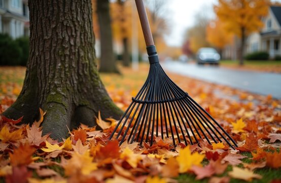Black leaf rake prepared for autumn yard work. Colorful fallen leaves cover green grass beside a tree and street. This image represents seasonal cleanup and garden maintenance tasks.