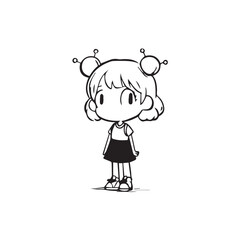 Beautiful Kawaii Girl Black and White Vector Illustration in Cute Simple Line Art Style