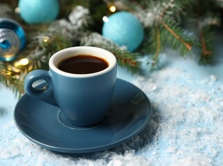 Aromatic coffee in cup and Christmas decor on light blue background, closeup. Space for text