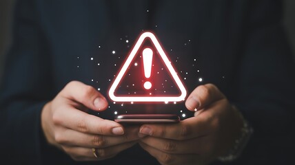 Digital warning sign with an exclamation mark glowing red above a person s hands holding a smartphone representing alerts and notifications on a mobile device