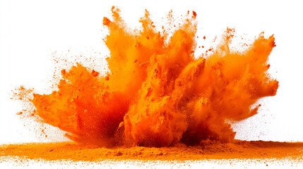 firework. Vibrant orange powder explosion frozen mid-air against clean white background, evoking energy. event key visuals, club posters, designed for fitness apps and gym onboarding.