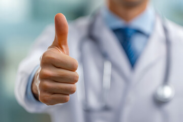 Medical professional dressed in white coat giving thumbs up gesture symbolizing approval and confidence in healthcare services with blurred background