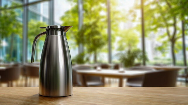 Stainless steel thermal carafe with sleek design placed on wooden table in bright modern cafe with large windows and lush green outdoor scenery visible