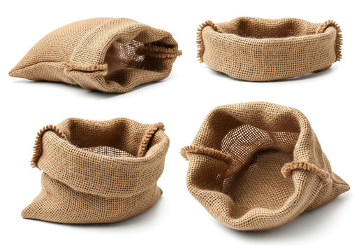 Four empty natural jute sacks (burlap sacks) isolated on a white background in different positions. Food and agriculture concept.