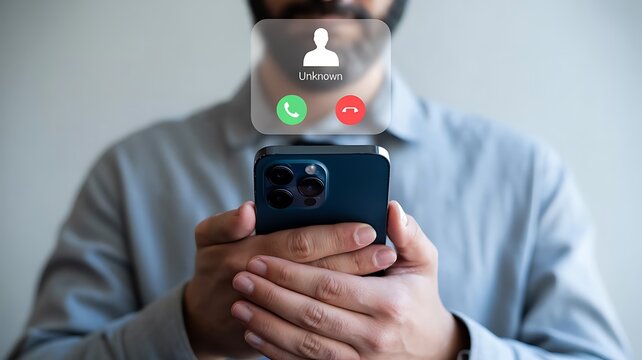 Man holding a smartphone with an incoming call screen showing accept and decline buttons symbolizing communication and technology