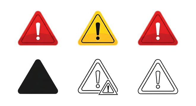 Collection of warning triangle signs with exclamation mark isolated on white background