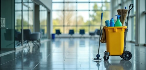Yellow cleaning cart with mop broom and spray bottles sits in modern office hallway. Cart holds janitorial supplies for upkeep and sanitation services. Shiny floor reflects light from large windows.