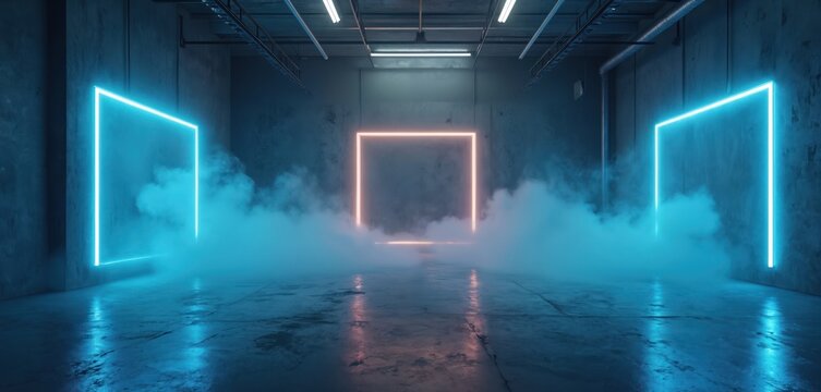 Dark concrete room with smoke on floor. Bright neon light frames glow blue, orange. Futuristic empty studio great for product display, underground tech space virtual stage design concept background.