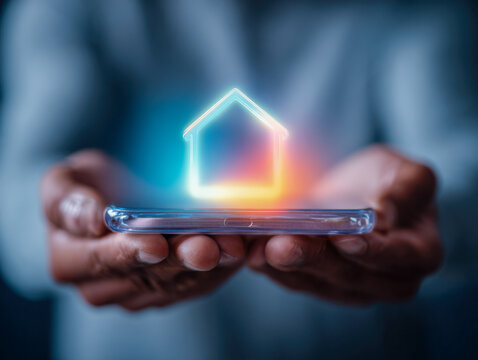 Person holding a smartphone with glowing futuristic digital house icon representing smart home technology and digital real estate innovation in blue and orange light
