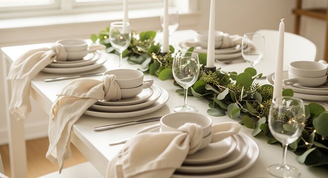 Elegant Table Setting with Greenery and Candles for Celebration.
