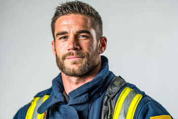 Confident firefighter in uniform with safety gear and reflective vest