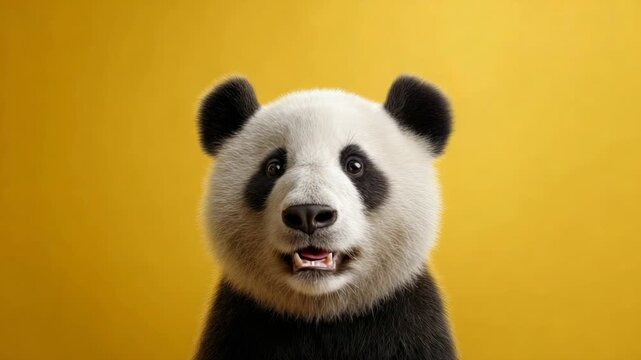 Charming giant panda bear making various happy and surprised facial expressions, looking directly at the camera with its mouth open against a vibrant, solid yellow studio background