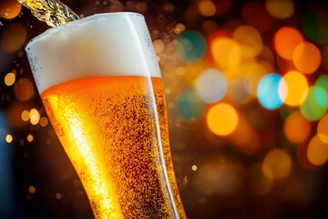 Close-up of a refreshing beer being poured into a glass, showcasing golden bubbles, foam, and vibrant bokeh lights in the background. Celebrations, nightlife, bars, and alcoholic beverages.
