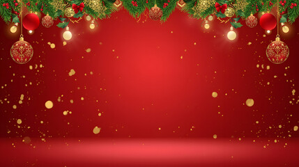 Vibrant Red Christmas Stage Background with Top Garland Border, Hanging Ornaments, Glowing Lights, and Golden Bokeh Particles – Festive Party Template