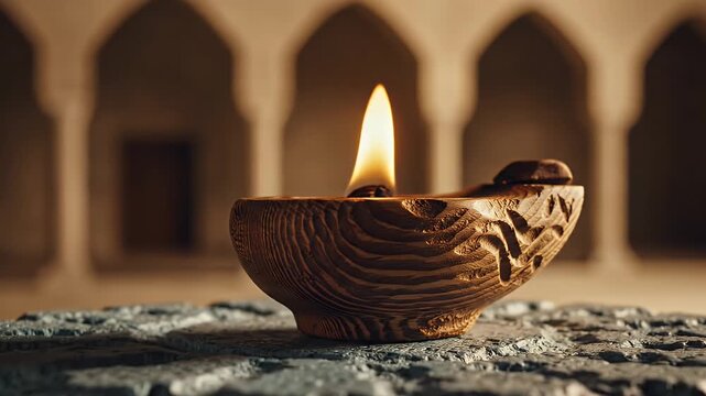Ornate Wood Bowl Candle on Stone Surface with Soft Glow Lighting with Light Brown Background Archways and Subtle Details for Warm Adobe Stock Images