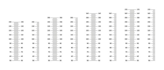 Height meter template. Stadiometer scale from 50 to 140, 150, 160, 170 centimeters. Height charts growth black stickers for wall. Vertical simple markup for rulers. Measuring scale layouts.