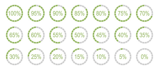 Infographics elements. Percentage round diagrams icons for infographics from 0 to 100 percent. Colour fill divided pie charts indicators in green, grey. Circle graph loading progress mockup.