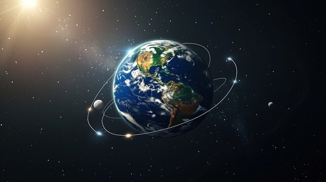 Winter Solstice: Scientific illustration of winter solstice, Earth's 23.5 degree axial tilt diagram, Sun's rays hitting Northern and Southern hemispheres, orbital mechanics visualization