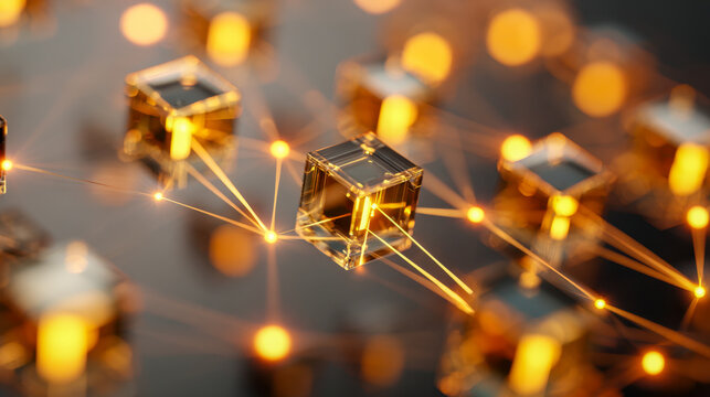 Glowing golden cubes interconnected with radiant light beams illustrating futuristic technology concept and digital data network visualization in dark background