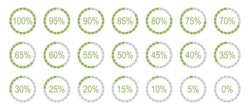 Infographics elements. Percentage round diagrams icons for infographics from 0 to 100 percent. Colour fill divided pie charts indicators in green, grey. Circle graph loading progress mockup.
