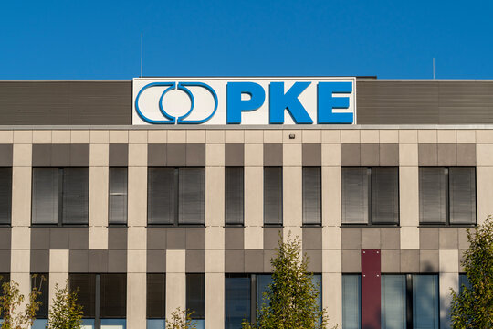 Warsaw, Poland - October 02, 2025: PKE Group logo on office building facade