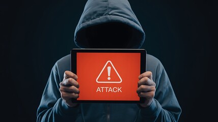 Anonymous hooded figure holding a tablet displaying a digital warning sign with the word attack symbolizing cybercrime and online security threats
