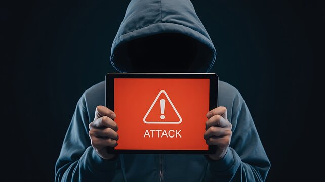 Anonymous hooded figure holding a tablet displaying a digital warning sign with the word attack symbolizing cybercrime and online security threats - Powered by Adobe