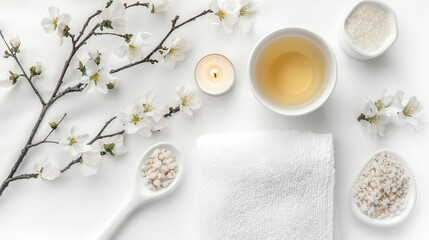 A serene arrangement featuring delicate blossoms a calming cup of tea and a cozy spa like atmosphere creating a peaceful and rejuvenating ambiance